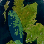 Satellite image of Scotland and Northern Ireland showing the approximate greatest extent of Dál Riata (shaded).